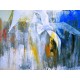 Enzo Archetti"Il Volo",quadro con gabbiani, quasi astratto con bianco,blu e grigio