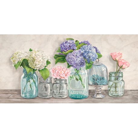 Jenny Thomlinson,Flowers in Mason Jars - high quality print on canvas or artistic paper