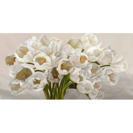 Leonardo Sanna-Tulipes Blanches.Quadro best seller in versione orizzontale con magnifico mazzo di tulipani bianchi