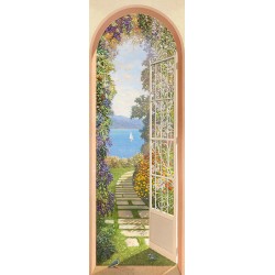 Giardino sul Lago,Andrea Del Missier. Pictorial lake view from a door, over a flowered garden