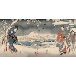 Hiroshige"Evening "snowy landscape with a woman and a man, 1853