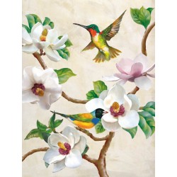 "Magnolia and Birds",Terry Wang.Elegant Picture with flying Birds, White Flowers and Tree Branches